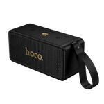 Juodas bluetooth nešiojamas garsiakalbis Hoco HT1 Max su auksčiausio atspalvio logotipu ir juoda kilpa