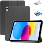 Juodas dėklas Apple iPad 10.9 2022 Smart Leather, matomas tiek atidengtas, tiek sulankstytas