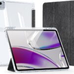Juodas dežlas Apple iPad Air 12.9 202 su permatomu apsauginiai apvalkalu ir teksturintu priekiniu virseliu