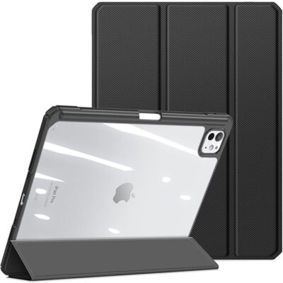 Juodas dėklas Apple iPad Pro 11 5 2024 su permatomu galiniu dangteliu ir tekstūruotu priekiu