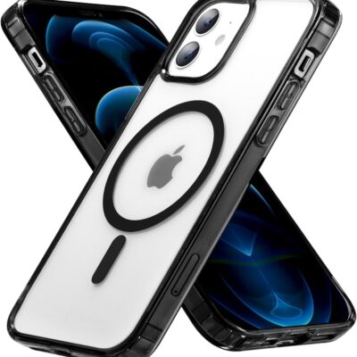 Juodas dėklas Apple Iphone 12 Premium Mag Cover su permatomu nugaros paviršiumi ir magnetiniu žiedu