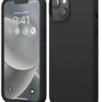Juodas dėklas Apple iPhone 14 Liquid Silicone aplink telefoną, matomas priekinis ir galinis vaizdas