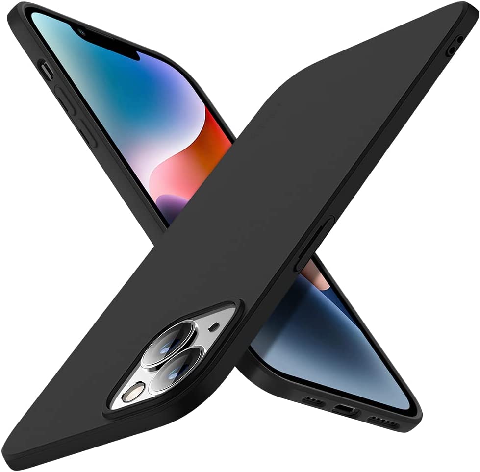Juodas dėklas Apple iPhone 14 Plus X-level Guardian Juodas dėklas Apple iPhone 14 Plus telefone, rodomas iš dviejų pusių su matomu fotoaparatu