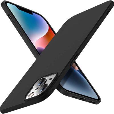 Juodas dėklas Apple iPhone 14 X-level Guardian atvaizduojamas ant baltos fono, matomas iš kelių kampų