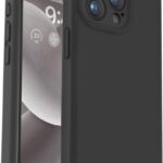 Juodas dėklas Apple iPhone 16 Pro Liquid Silicone, matomas iš priekio ir nugarėlės