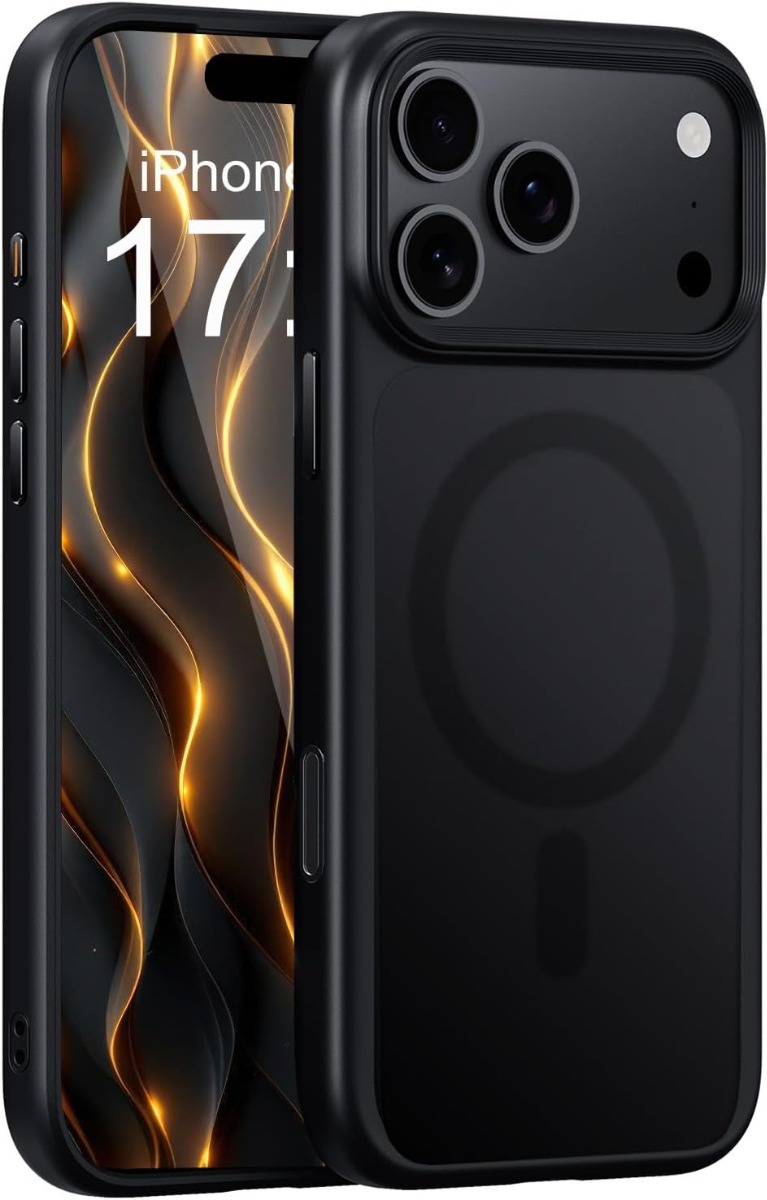 Juodas dėklas Apple iPhone 17 Pro Matte MagSafe Juodas dėklas Apple iPhone 17 Pro Matte MagSafe, rodomas iš priekio ir galo
