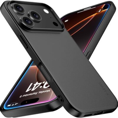 Juodas dėklas Apple iPhone 17 Pro Max su trijų kamerų apsauga ir matiniu paviršiumi