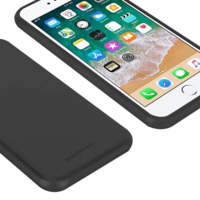 Juodas dėklas Apple iPhone 6 6S Mercury Soft, rodantis apsaugą ekrano ir nugarėlės pusėse