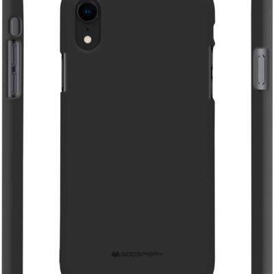 Juodas dėklas Apple iPhone XR Mercury Soft matomas iš įvairių kampų su apsauga kamerai ir atverčiama šoniniais mygtukais