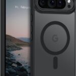 Juodas dėklas Google Pixel 9 Pro XL su matinės tekstūros paviršiumi ir MagSafe magnetų žiedu