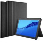 Juodas dėklas Lenovo IdeaTab M10 X306X 4G 10.1 folio cover atverstas ir padėtas šalia planšetės su mėlynu ekranu