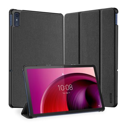 Juodas dėklas Lenovo Tab M10 5G 10.6 Dux Ducis Domo, iš trijų pusių matomas su plansete stovinčia horizontaliai