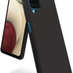 Juodas dėklas Samsung A125 A12 Mercury Soft su mėlynais akcentais aplink kamerą ir mygtukus