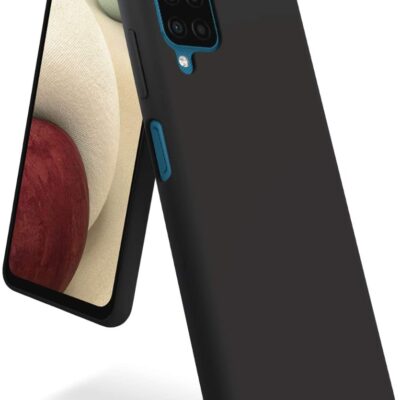 Juodas dėklas Samsung A125 A12 Mercury Soft su mėlynais akcentais aplink kamerą ir mygtukus