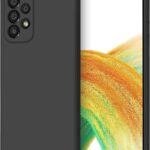 Juodas dėklas Samsung A336 A33 5G Liquid Silicone 1.5mm, rodomas uždengtas telefono galas su kamera ir ekranu