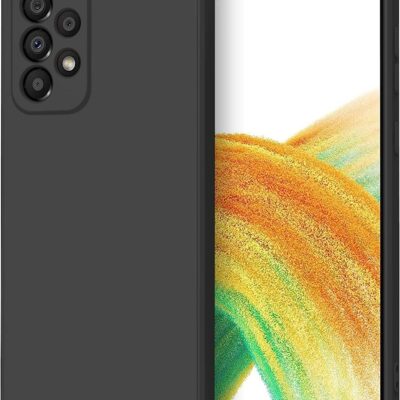 Juodas dėklas Samsung A336 A33 5G Liquid Silicone 1.5mm, rodomas uždengtas telefono galas su kamera ir ekranu
