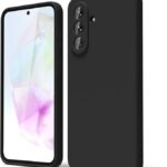 Juodas dėklas Samsung A366 A36 5G Liquid Silicone su trijų kamerų išpjovomis