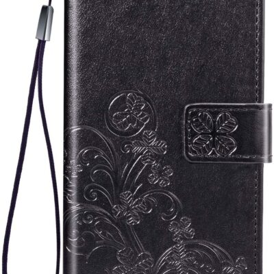 Juodas dėklas Samsung Galaxy A145 A14 4G su gėlių raštais ir dirželiu