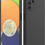 Juodas dėklas Samsung Galaxy A145 A14 4G ir A146 A14 5G telefonams su matinės tekstūros paviršiumi