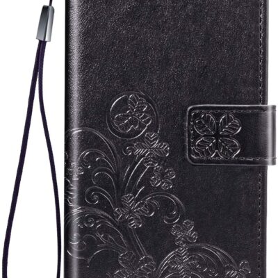 Juodas dėklas Samsung Galaxy A225 A22 4G Flower Book su gėlių raštais ir riešo kilpa