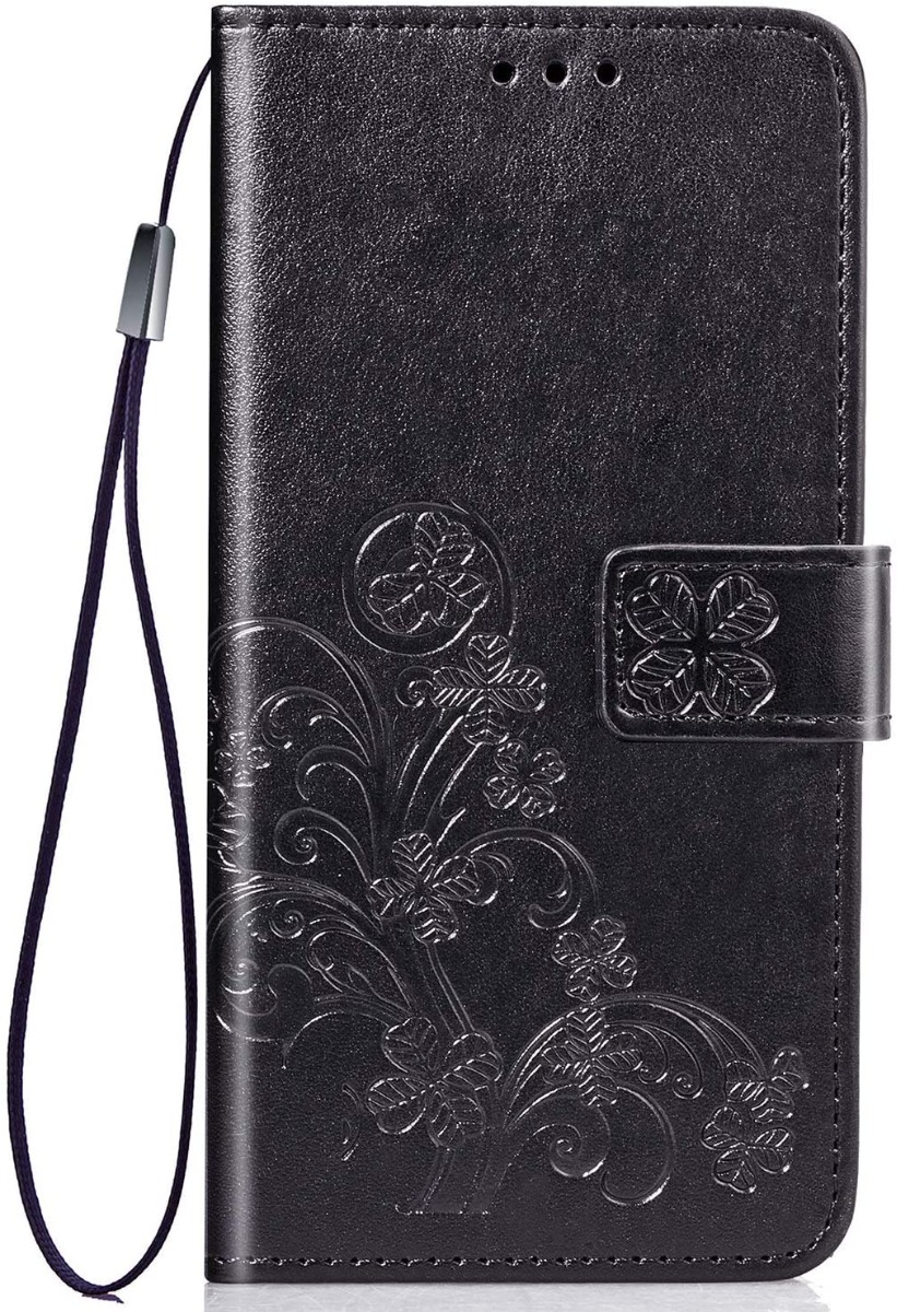 Juodas dėklas Samsung Galaxy A226 A22 5G Flower Book Juodas dėklas Samsung Galaxy A226 A22 5G su gėlių raštu ir riešo dirželiu