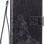 Juodas dėklas Samsung Galaxy A346 A34 5G su gėlių rašto reljefiniu piešiniu ir įmauta riešine juostele