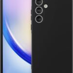 Juodas dėklas Samsung Galaxy A356 A35 5G Liquid Silicone 1.5mm, matomas priekinis ir nugarinis telefonų vaizdas.