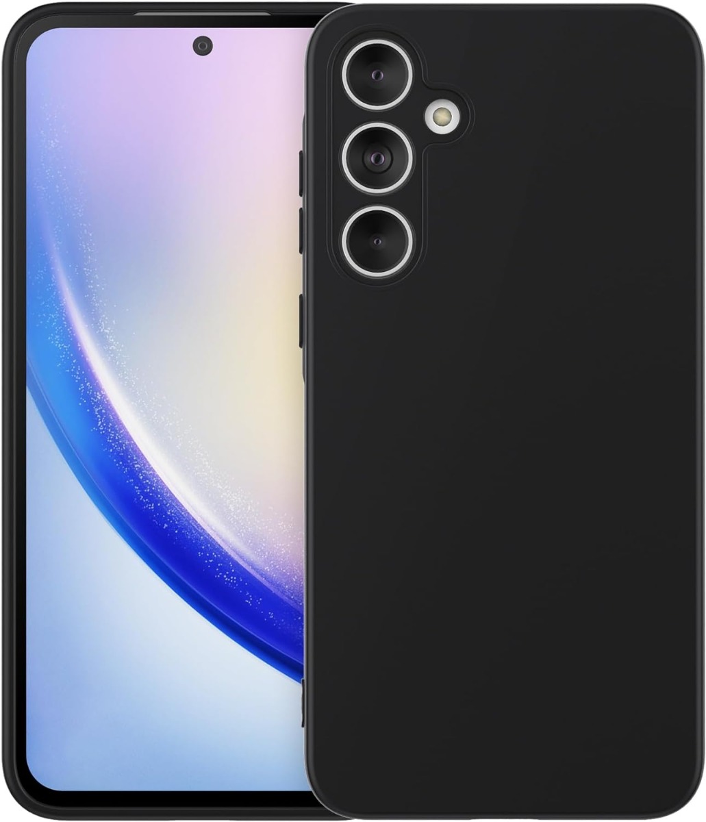 Juodas dėklas Samsung Galaxy A356 A35 5G Liquid Silicone 1.5mm Juodas dėklas Samsung Galaxy A356 A35 5G Liquid Silicone 1.5mm, matomas priekinis ir nugarinis telefonų vaizdas.