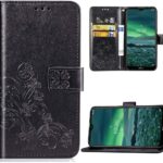 Juodas dėklas Samsung Galaxy A556 A55 5G Flower Book su gėlių raštu ir kortelių kišenėlėmis viduje