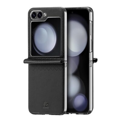 Juodas dėklas Samsung Galaxy F741 Z Flip 6 su odiniu tekstūru ir matomu ekrano langeliu