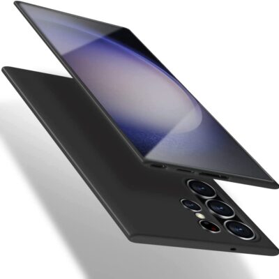 Juodas dėklas Samsung Galaxy S918 S23 Ultra 5G su matiniu paviršiumi ir tiksliais atverčiamais kampais