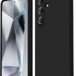 Juodas dėklas Samsung S721 S24 FE Liquid Silicone, matomas iš priekio ir nugarėlės pusės