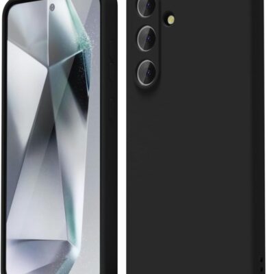 Juodas dėklas Samsung S721 S24 FE Liquid Silicone, matomas iš priekio ir nugarėlės pusės