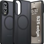 Juodas dėklas Samsung S937 S25 Edge Matte MagSafe su apsauga kameros ir magnetiniu žiedu