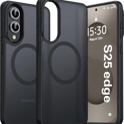 Juodas dėklas Samsung S937 S25 Edge Matte MagSafe su apsauga kameros ir magnetiniu žiedu