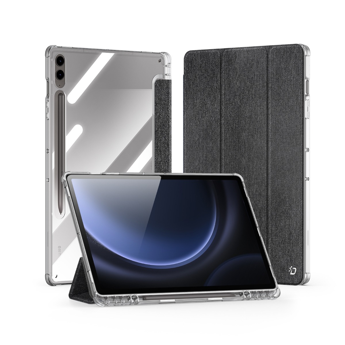 Juodas dėklas Samsung X810 X816 Tab S9 Plus X610 X616 Juodas dėklas Samsung X810 X816 Tab S9 Plus X610 X616 Tab S9 FE Plus Dux Ducis Unid su skaidriu rėmeliu ir tekstūriniu viršeliu
