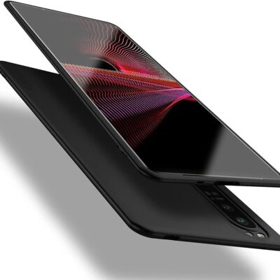 Juodas dėklas Sony Xperia 5 III X-level Guardian matomas iš įvairių kampų su telefonu viduje