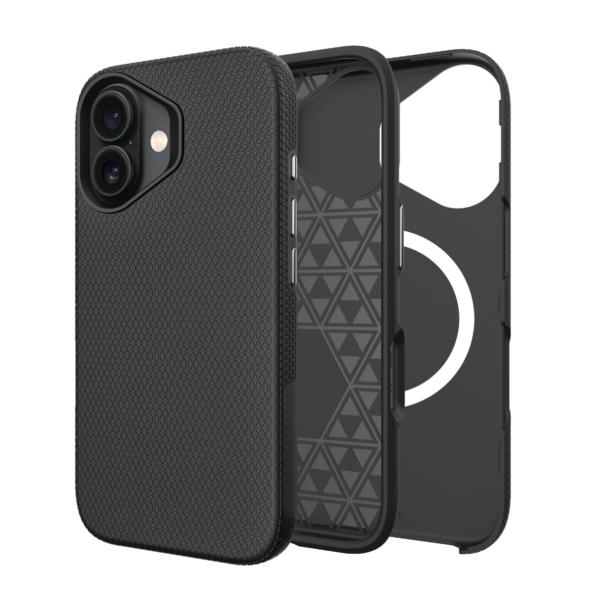 Juodas dėklas telefonui Apple Iphone 16 Plus Perfectionists Triangle Mag Juodas dėklas telefonui Apple Iphone 16 Plus su trikampių raštu ir MagSafe žiedu