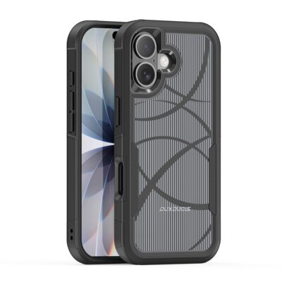 Juodas dėklas telefonui Apple Iphone 17 su apsauga aplink objektyvą ir dekoratyviniais raštais