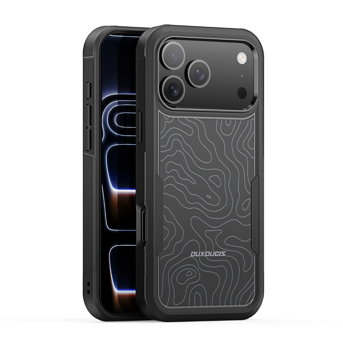 Juodas dėklas telefonui Apple Iphone 17 Pro Dux Ducis Shld Contour Pattern Juodas dėklas telefonui Apple Iphone 17 Pro Dux Ducis Shld Contour Pattern su raštu ir kameros apsauga