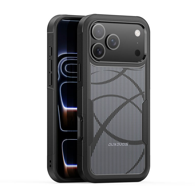 Juodas dėklas telefonui Apple Iphone 17 Pro Max Dux Ducis Shld Rhythm Pattern Juodas dėklas telefonui Apple Iphone 17 Pro Max su linijiniu ir lankiniu raštu priekinėje ir galinėje dalyje