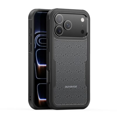 Juodas dėklas telefonui Apple Iphone 17 Pro Max Dux Ducis su trikampių rašto paviršiumi