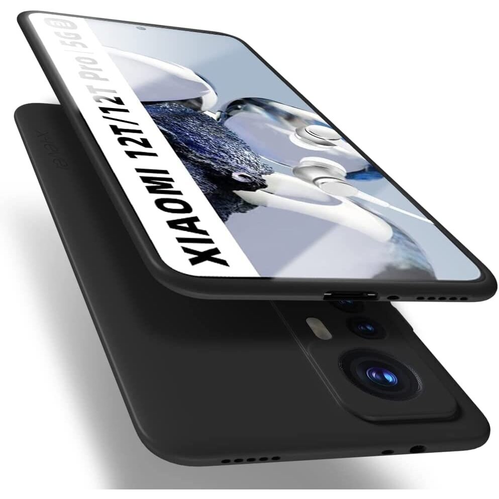 Juodas dėklas Xiaomi 12T / 12T Pro X-level Guardian Juodas dėklas Xiaomi 12T / 12T Pro X-level Guardian matomas iš kelių kampų su telefono ekranu ir kamerų moduliu