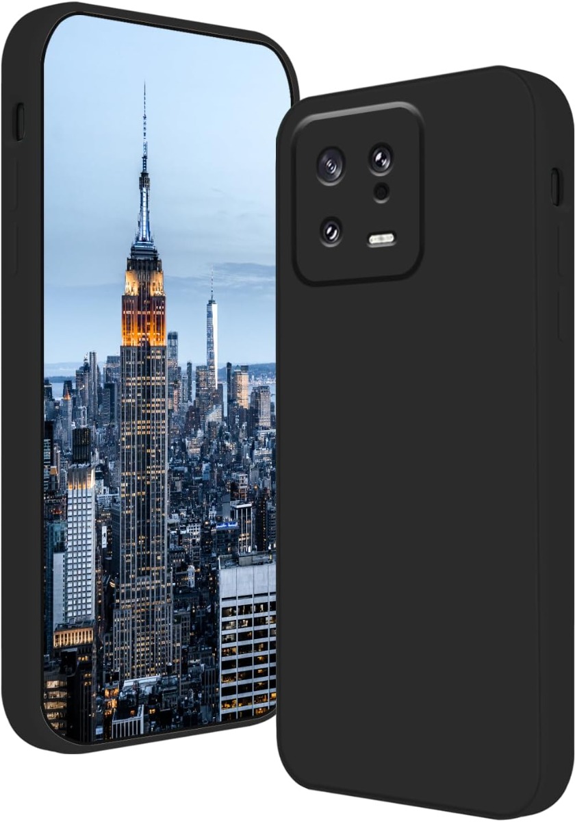 Juodas dėklas Xiaomi 13 Liquid Silicone 1.5mm Juodas dėklas Xiaomi 13 Liquid Silicone su trimis kamerų objektyvais matomas iš nugarinės pusės