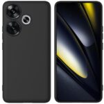 Juodas dėklas Xiaomi Poco F6 5G Liquid Silicone 1.5mm, matomas priekinis ir galinis telefono vaizdas su dėklu