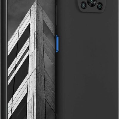 Juodas dėklas Xiaomi Poco X3 su matiniu paviršiumi ir mėlynu mygtuku šone