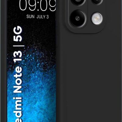 Juodas dėklas Xiaomi Redmi Note 13 5G apsaugo telefoną, matomas priekinis ir galinis vaizdas