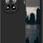 Juodas dėklas Xiaomi Redmi Note 14 Pro 4G Liquid Silicone matomas iš priekio ir galo su iškelta kamera