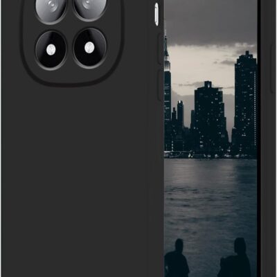 Juodas dėklas Xiaomi Redmi Note 14 Pro 4G Liquid Silicone matomas iš priekio ir galo su iškelta kamera