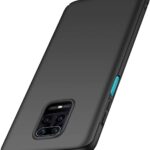 Juodas dėklas Xiaomi Redmi Note 9 Pro su matiniu paviršiumi ir mėlynu mygtuku